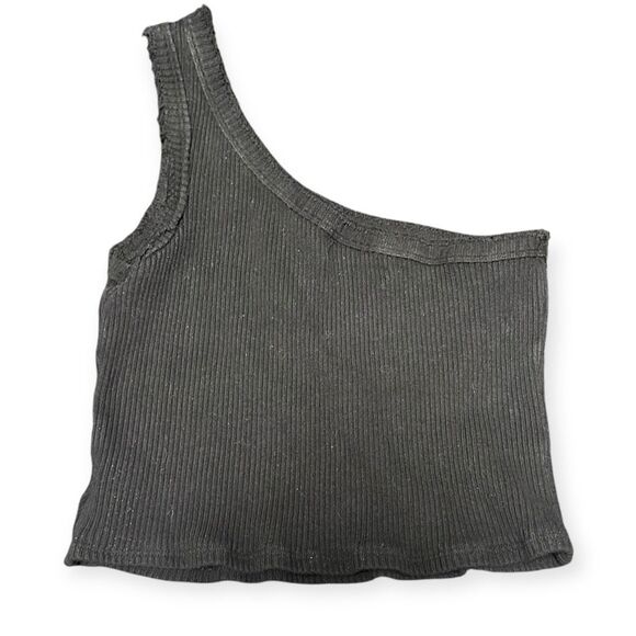 URBAN OUTFITTERS Women’s Black Ribbed One-Shoulder Cropped Tank Top Size Large - Picture 2 of 5